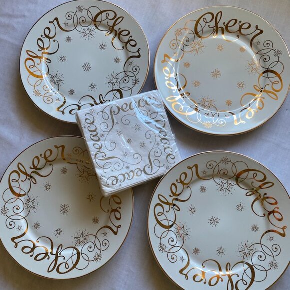 Set of 4 Hausenware Holiday Lyn Dillin Cheer Appetizer Dessert Plates w/Napkins - Picture 1 of 6